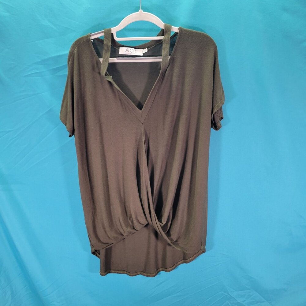 A.Ok Coevolution Womens Olive Green Twist Front V-Neck Short Sleeve Top Size L